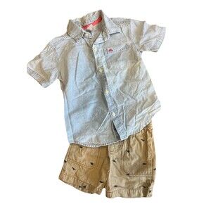 Toddler Boys 2T Dinosaur 2 Piece Denim Shirt and Khaki Short Set Button Down